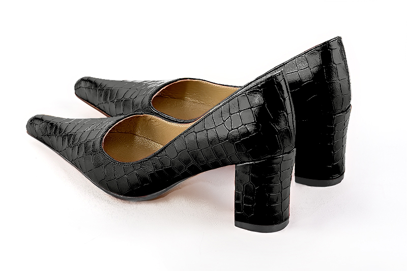 Satin black women's dress pumps,with a square neckline. Pointed toe. Medium block heels. Rear view - Florence KOOIJMAN